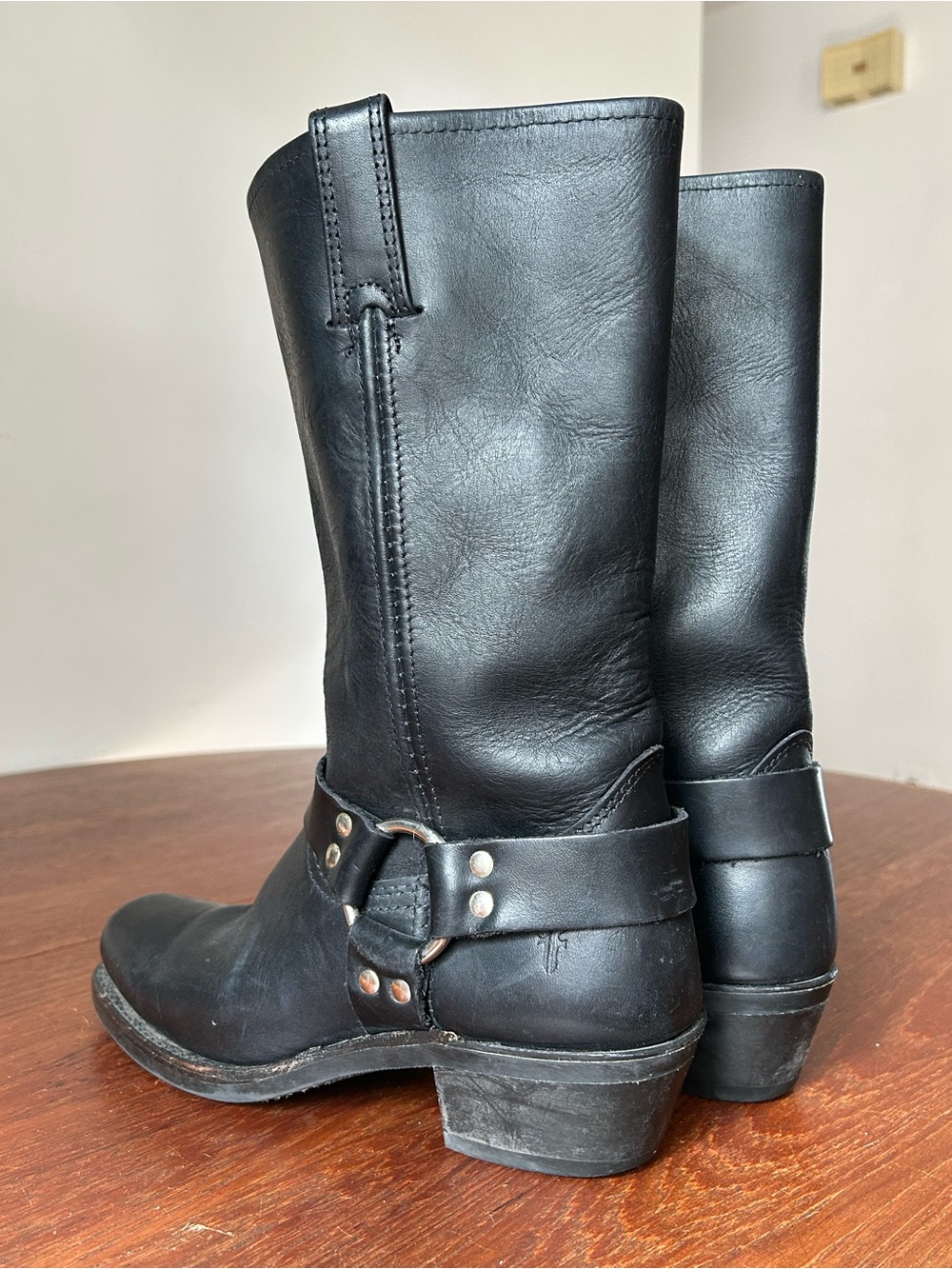 FRYE Black Leather Women’s Harness Mid-Calf Boots